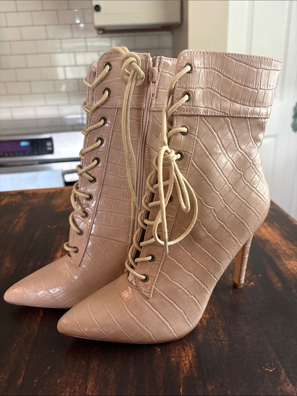 Croc-Embossed Lace-Up Pointed Toe Ankle Boots - Blush